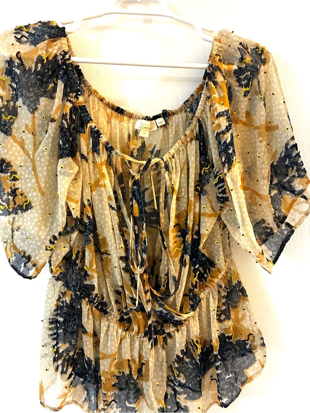 Et Vous Paris Sheer Beaded Silk Blouse Flutter Sleeve Abstract Print Small